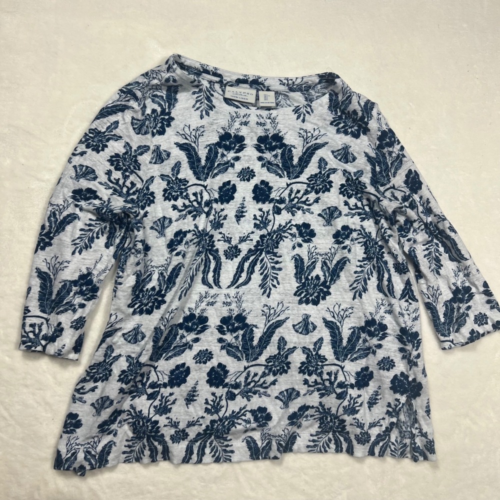 Calypso St Barth Womens Navy Blue Floral 100% Linen 3/4 Sleeve Top Large Coastal